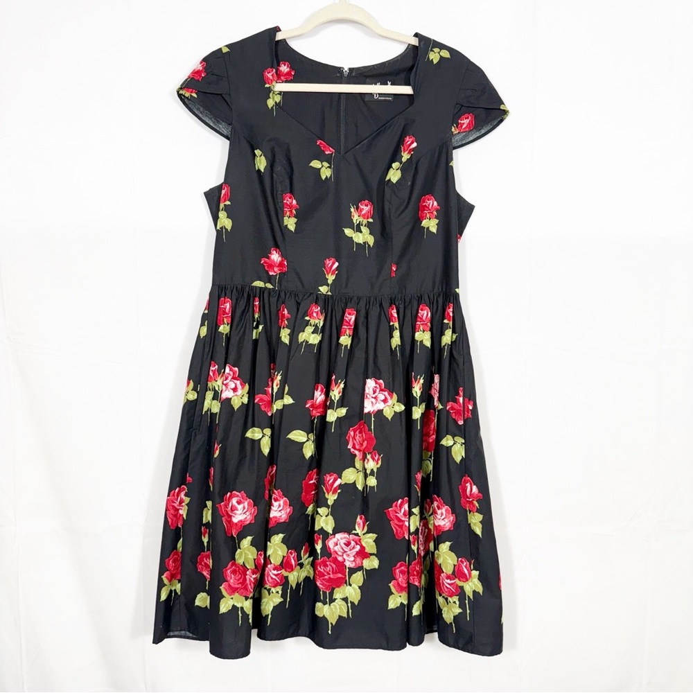 Hell Bunny Antonia Mid Dress Rose Print Floral Fit Flare Retro Pinup Rockabilly - Picture 2 of 16